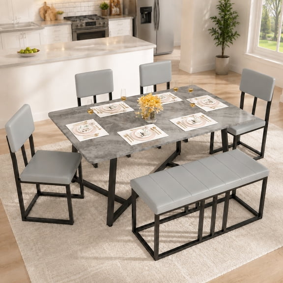 Paproos 6-Piece Dining Set, Modern Dining Table Set with Bench for 6, Rectangular Kitchen 6 Seater Table and Chairs Set, Space-Saving for Apartment & Family, Gray
