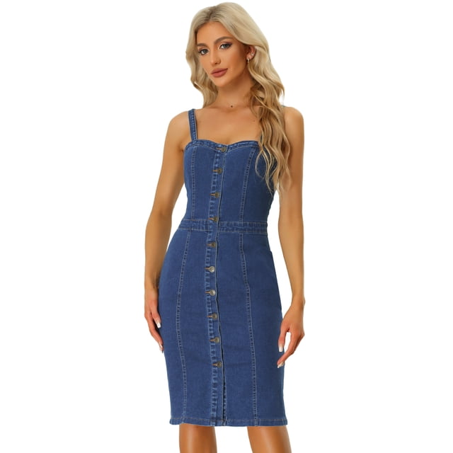 Vestido vaquero Allegra K sin mangas con escote corazón Azul M