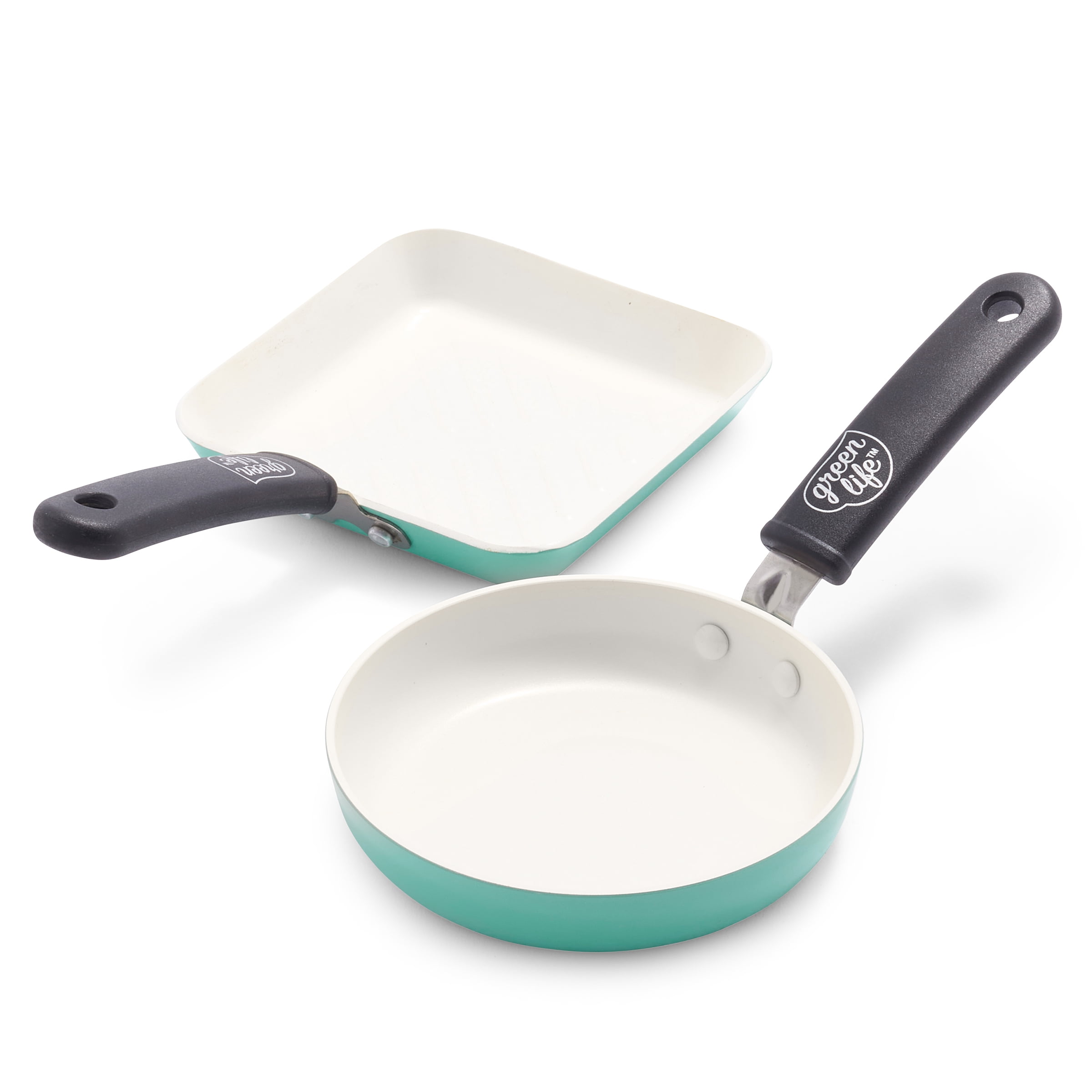 GreenLife Mini Square Grill Pan and Mini Round Egg Pan Set, Turquoise