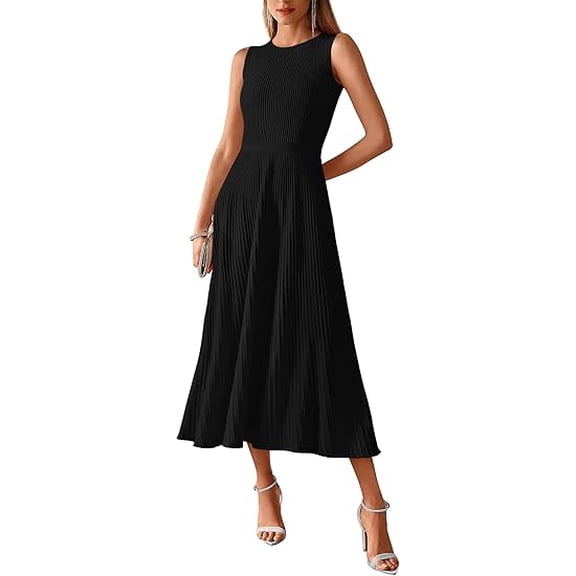 BTFBM Women Tank Midi Dress Summer Crewneck Sleeveless Pleated A Line Business Casual Formal Sweater Spring Dresses
