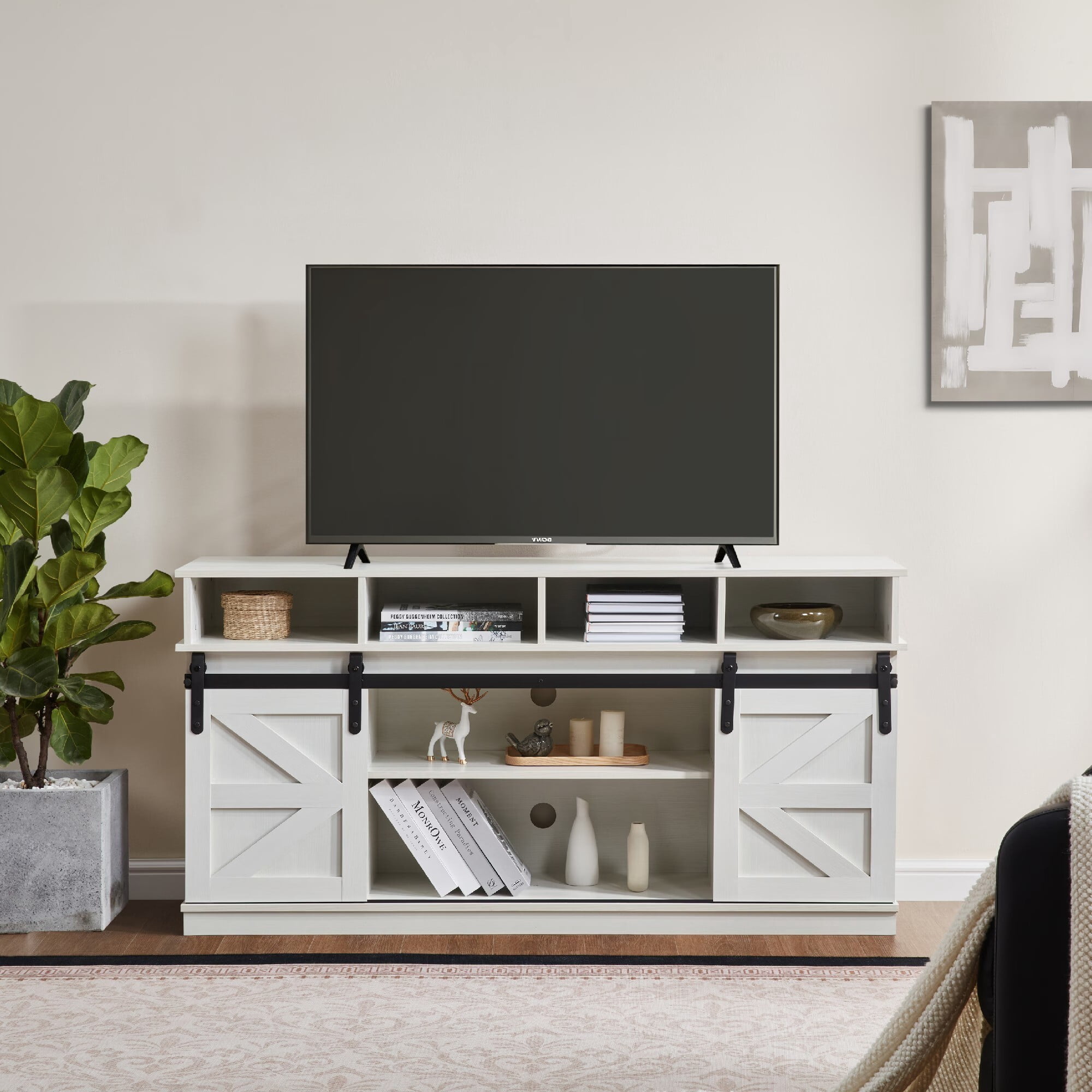 AENKYO 58" Farmhouse TV Stand with Sliding Barn Doors, Adjustable Shelves for TVs up to 65", White