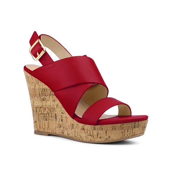 BLISSFUL STEP Women's Sandals Platform Heels Ankle Strap Wedges Sandals Red 6