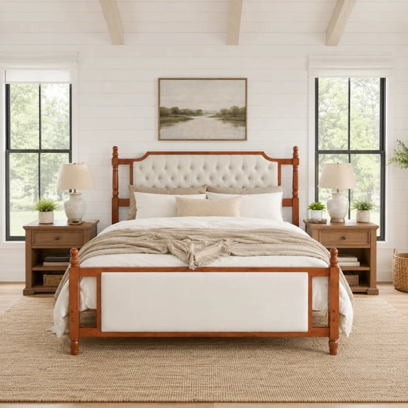King Size Upholstered Platform Bed with Button Tufted Headboard, Solid Wood Farmhouse Bed with Velvet Headboard and Footboard, No Box Spring Needed, Modern French Country Style for Bedroom, Brown