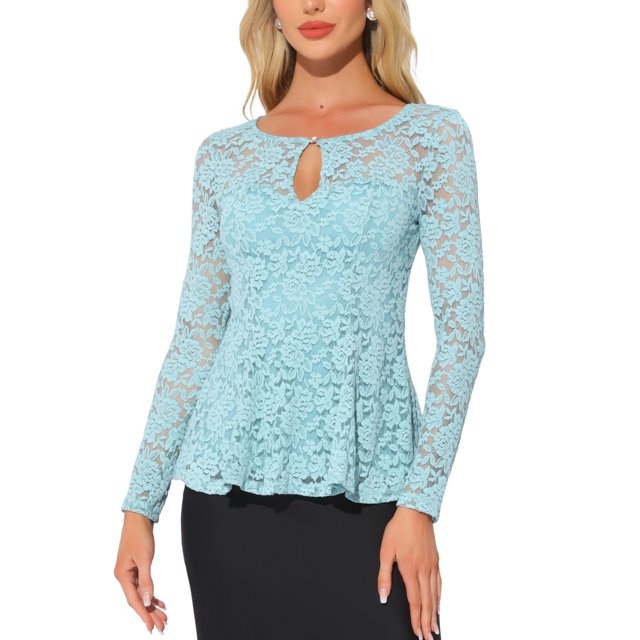 INSPIRAR CHIC Blusa de Manga Larga Sheer con Encaje y Abertura en el Frente, Peplum, Talla XS, Color Gris Azul
