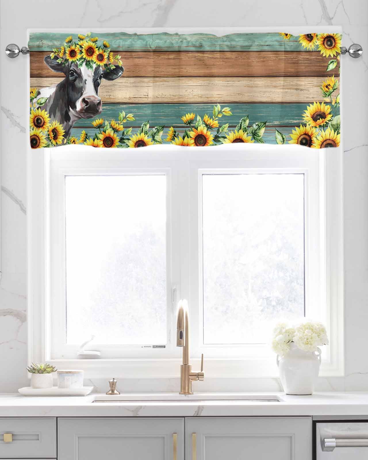 Sunflower Cow Kitchen Valances for Windows Farmhouse Linen Window Valance Curtain for Living Room Window Treatment Rustic Teal Brown Farmhouse Wood Grain Valance Rod Pocket Topper Drape, 60 x 18 Inch