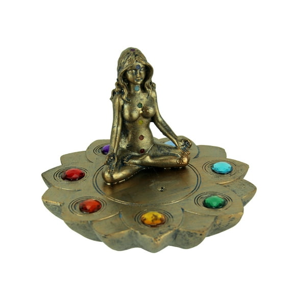 Bronze Finish Woman Meditating On Lotus Flower with Chakra Stones Incense Burner