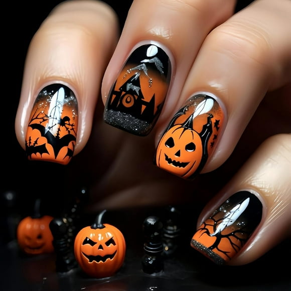 Halloween Press on Nails Short Square Fake Nails Orange Black False Nails with Pumpkin Bat Forest Designs Full Cover Glossy Glue on Nail Acrylic Nails for Women Girls 24Pcs