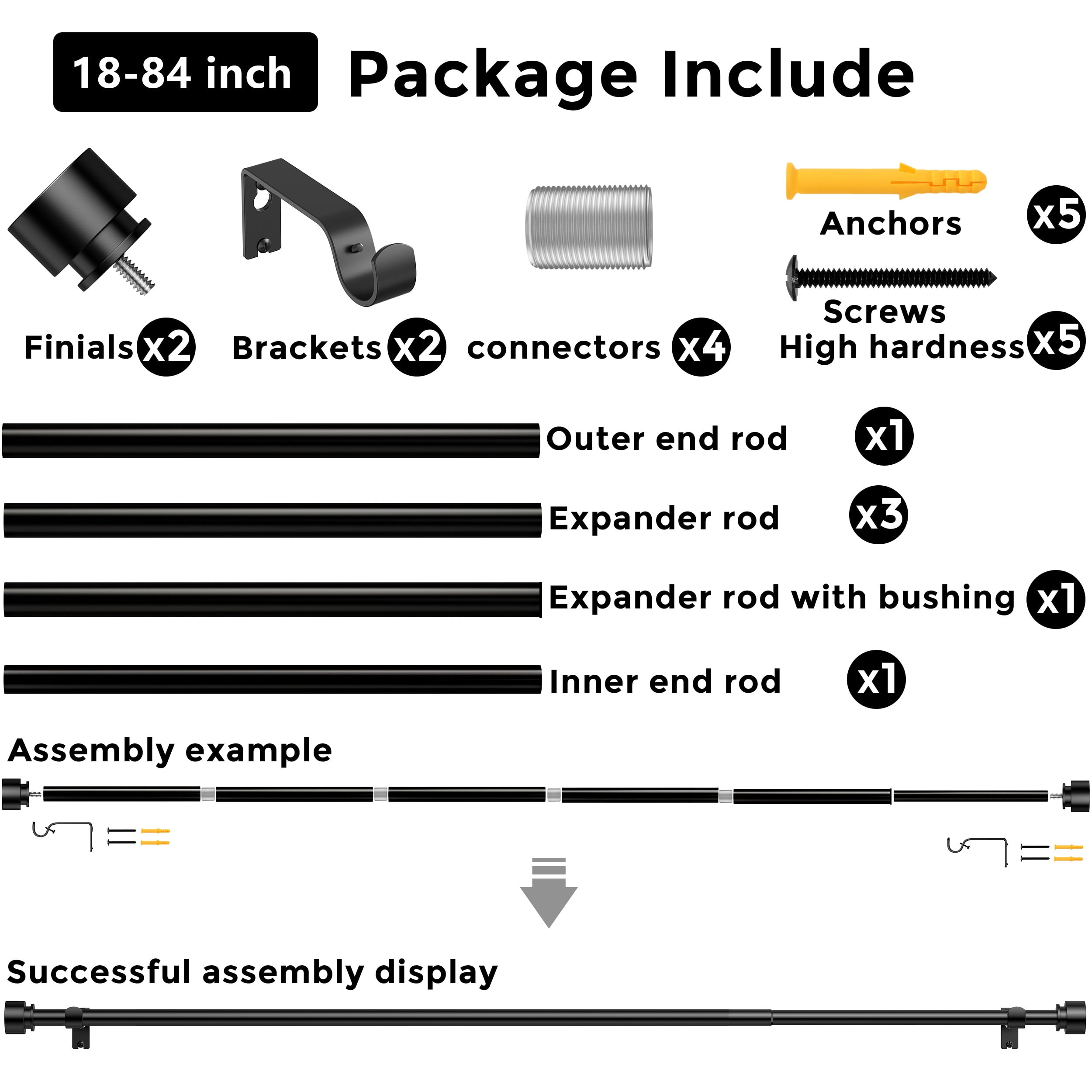 BloomFlower Curtain Rods 48-84 Inch, 93-inch rod Adjustable Length Heavy Duty Diameter 7/8 inch, Decorative Finials, Black