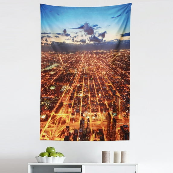 City Tapestry, Chicago Downtown Skyline Aerial Panorama View at Dusk with Skyscrapers, Fabric Wall Hanging Decor for Bedroom Living Room Dorm, 5 Sizes, Orange Dark Orange Blue, by Ambesonne