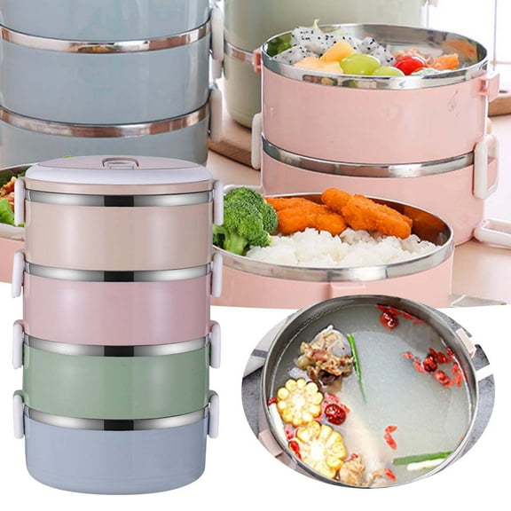 Round Four-Layer Lunch Box - Stackable Lunch Box Stainless Steel Thermal Insulated Bento Lunch Container Leakproof, By PRYESS