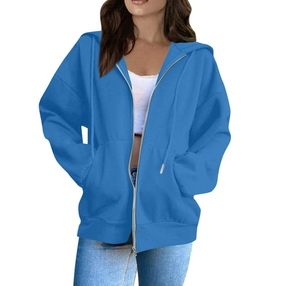 STICHOU Womens Zip Up Hoodies Plus Size Casual Fleece Lined Sweatshirts Fall Fashion Jackets Comfort Warm Coat Winter Clothes Blue XL