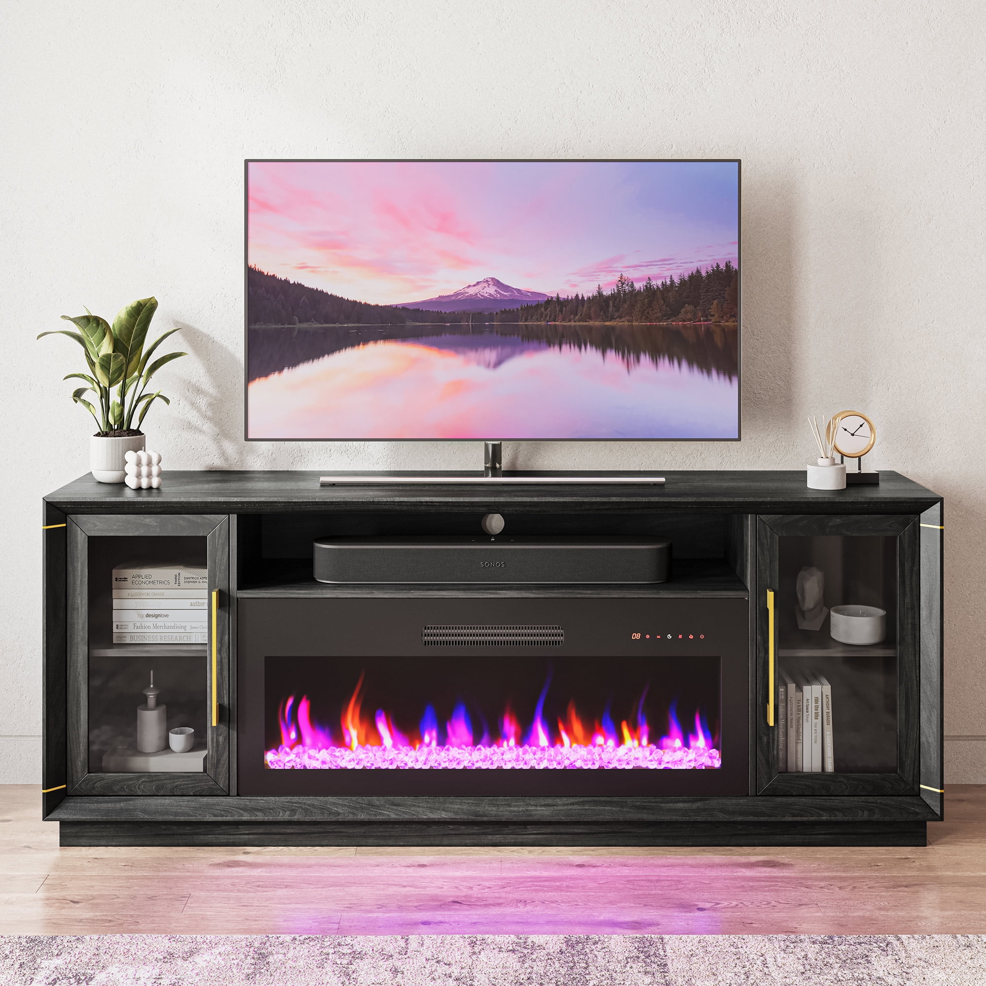 BELLEZE 74-Inch TV Stand with 42" Electric Fireplace, Entertainment Center For TVs Up To 85", Storage Cabinet with Glass Door & Metal Handle for Living Room, Bedroom - Sienna (Black Ebony)