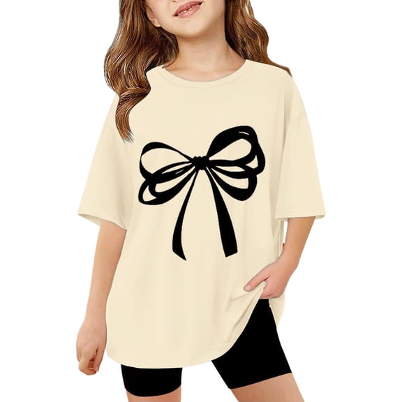 Likimi Infant Kids Girls T Shirt Crew Neck Short Sleeve Bow Print Comfortable Tops Beige Size 3-4 Years