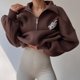 thumbnail image 3 of Sudaderas informales para mujer jersey cálido con media cremallera traje diario con cuello en V de color sólido, 3 of 9