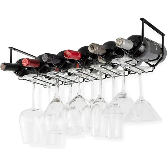 Wallniture Piccola Under Cabinet Wine Rack & Glasses Holder, Kitchen Organization with 6 Bottle Organizer Metal Black