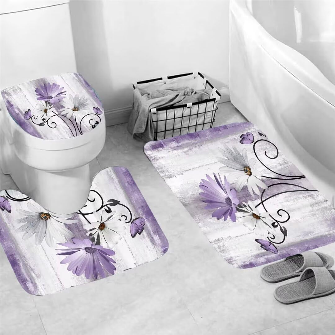 4PCS Daisy Country Farmhouse Shower Curtain Set with Shower Curtain and Carpet and Accessories, Waterproof Bathroom Shower Curtain Decorative Set with 12 pcs Hooks,71 x 71in
