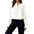 thumbnail image 3 of Women Henley Neck Half Button Drop Shoulder Loose Long Sleeve Knit Pullover Sweater Cream White XL, 3 of 9