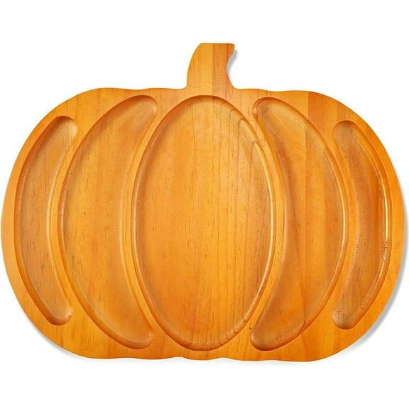 WEUVEB Pumpkin Shaped Wood Tray for Festive Food Serving Brown Multi-Compartment Design