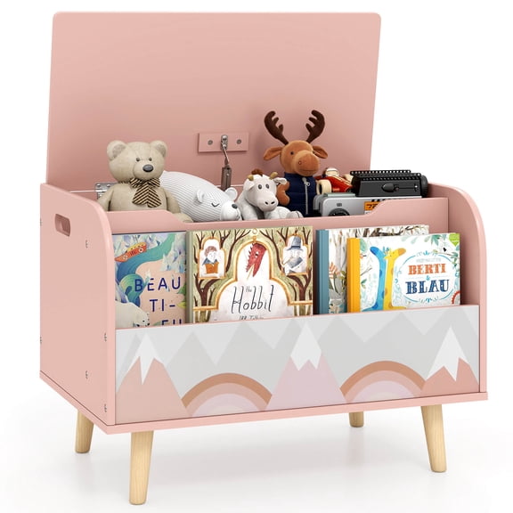 Infans Kids Wooden Toy Box w/Front Bookshelf 4 Solid Wood Legs Flip-top Lid for Nursery