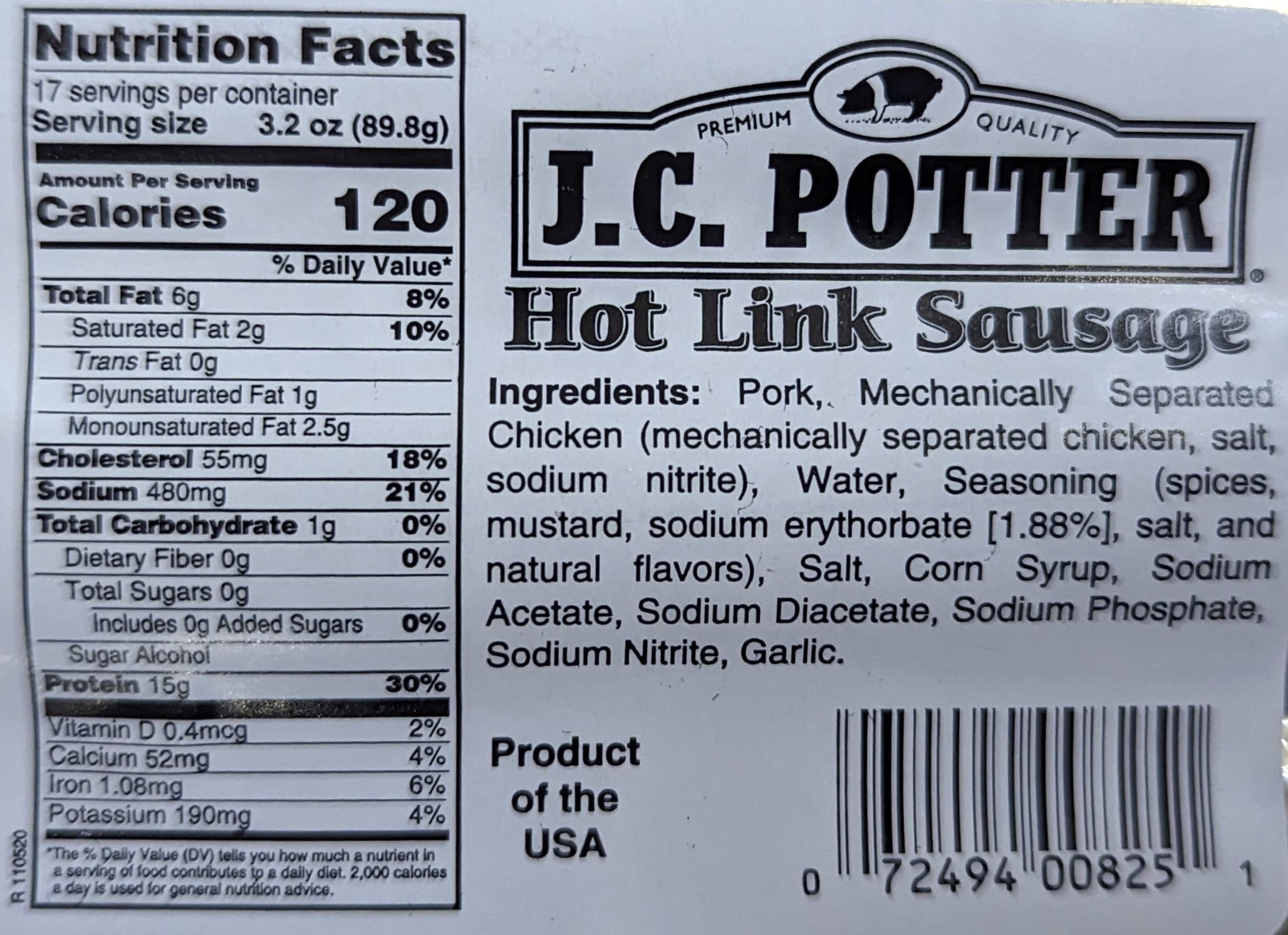 J.C. Potter Hot Links Pork and Beef Sausage, 17 count, 54 oz, Plastic Wrapped, Fully Cooked