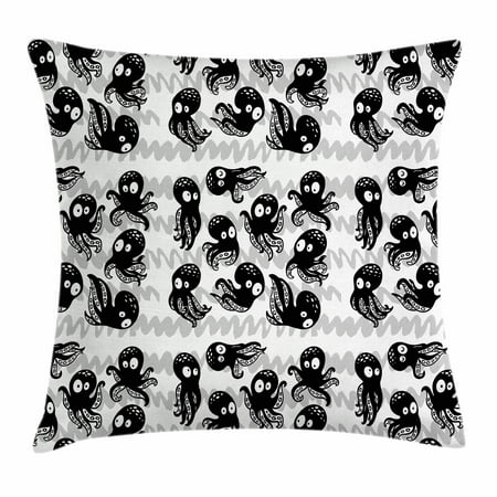 Octopus Throw Pillow Octopus Throw Pillow Cushion Cover, Cartoon Ocean Animals in Various Expressions Sleepy Curious Zigzag Backdrop, Decorative Square Accent Pillow Case, 16 X 16 Inches, Black Grey White, by Ambesonne ()