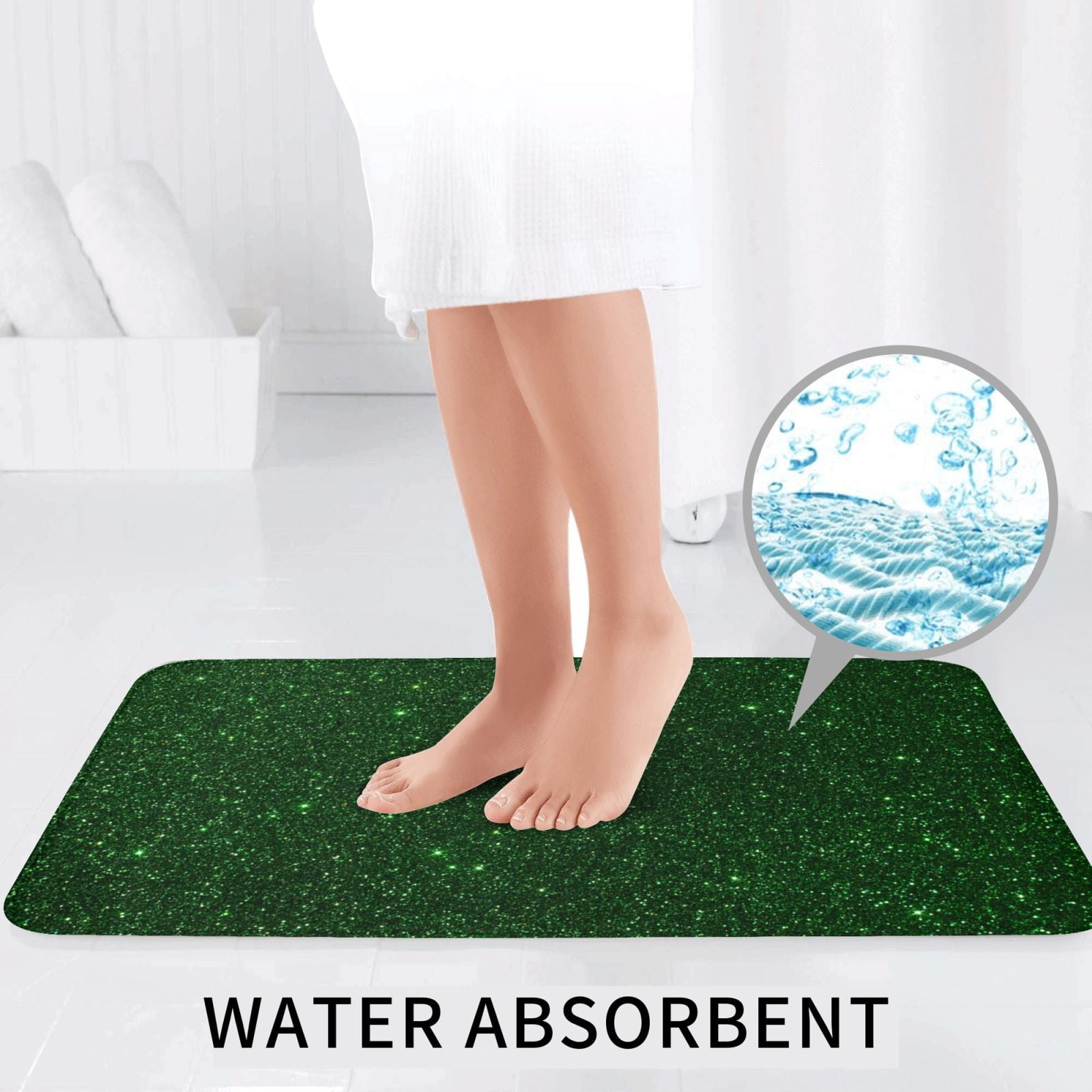 Bathroom Rugs Sets 3 Piece - Emerald Green Sparkling Absorbent Non Slip Bath Mats, U-Shape Toilet Lid Cover, Contour Mat, Soft Washable Shower Mats Bath Rug Mat for Bathroom Tub Toilet