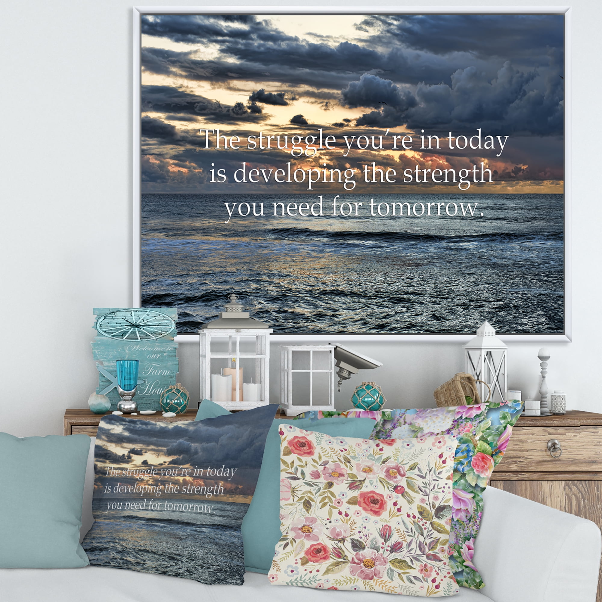 Designart 'Inspirational Quote and Ocean' Nautical & Coastal Framed Canvas Wall Art Print