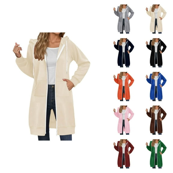 Long Hoodies for Women 2025 Fall Winter Long Sleeve Zip Up Plain Hooded Sweatshirt Jacket with Pockets