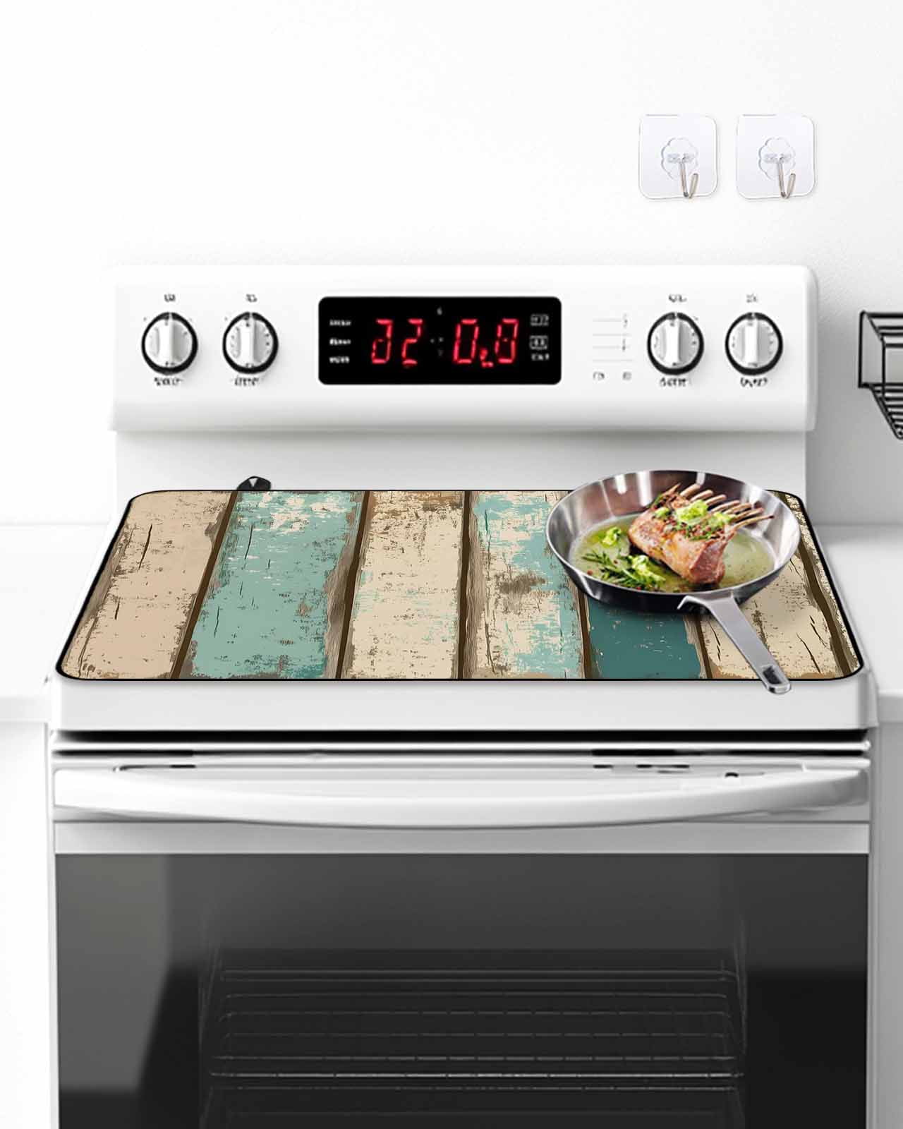 Stove Top Covers for Electric Stove, Farmhouse Teal Brown Glass Stovetop Cover Protector, Vintage Retro Ombre Wooden Induction Cooktop Protector Oven Mat for Kitchen Countertop 24"x21"