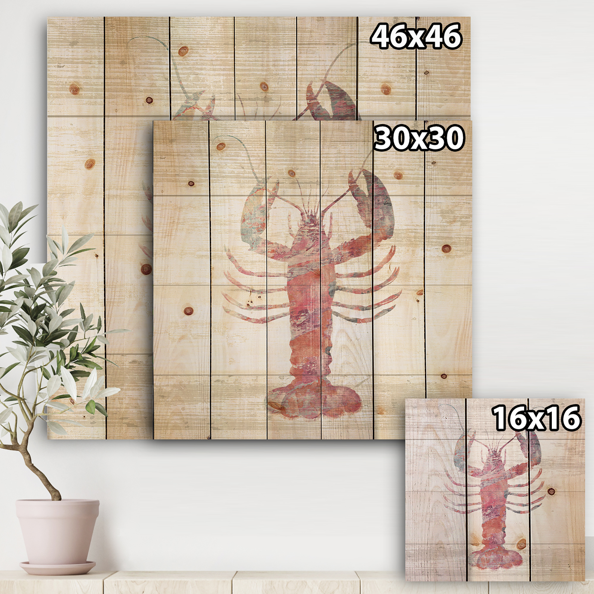 Designart 'Pink lobster Ocean Life' Nautical & Coastal Print on Natural Pine Wood