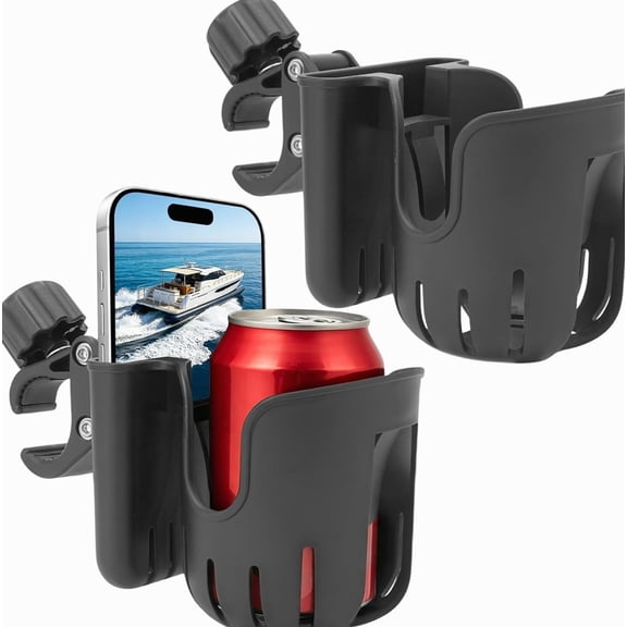 Marine Boat Rail Cup Holder with Clamp on, No-Drill 2 Pack, Black