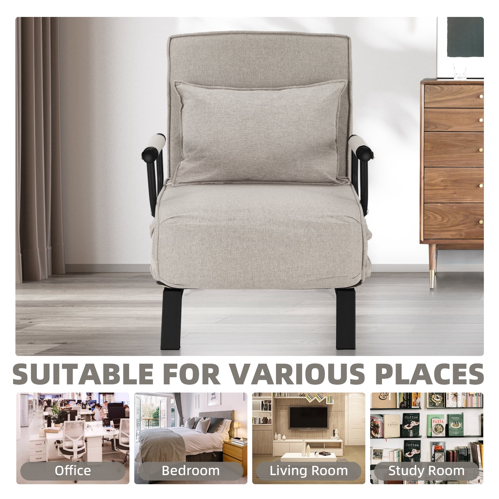 Avocahom Convertible Sofa Bed Sleeper Chair,6 Angles Adjustable Backrest, Single Person Chaise Lounge Couch w/ Pillow, Folding Bed for Overnight Guests, Foldable Sofa Arm Chair for Office, Light Gray