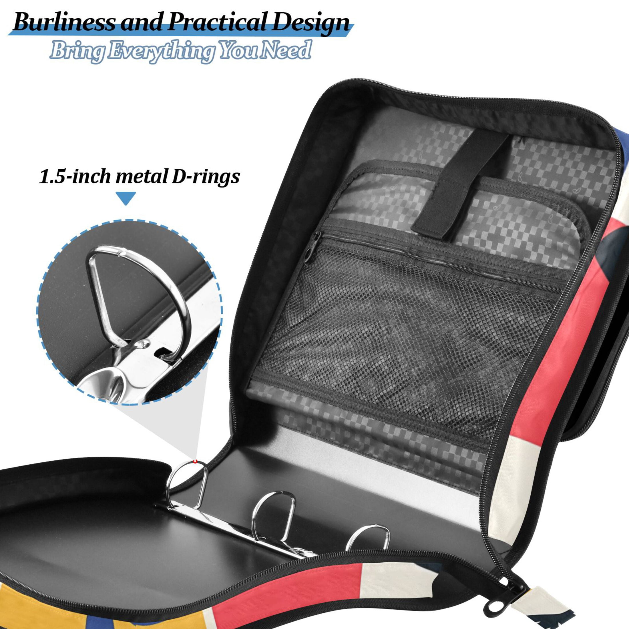 3 Ring Zipper Binder with Shoulder Strap Waterproof Trapper Keeper 2 Inch D-Ring 500 Sheets Capacity Colorful Plants and Squares