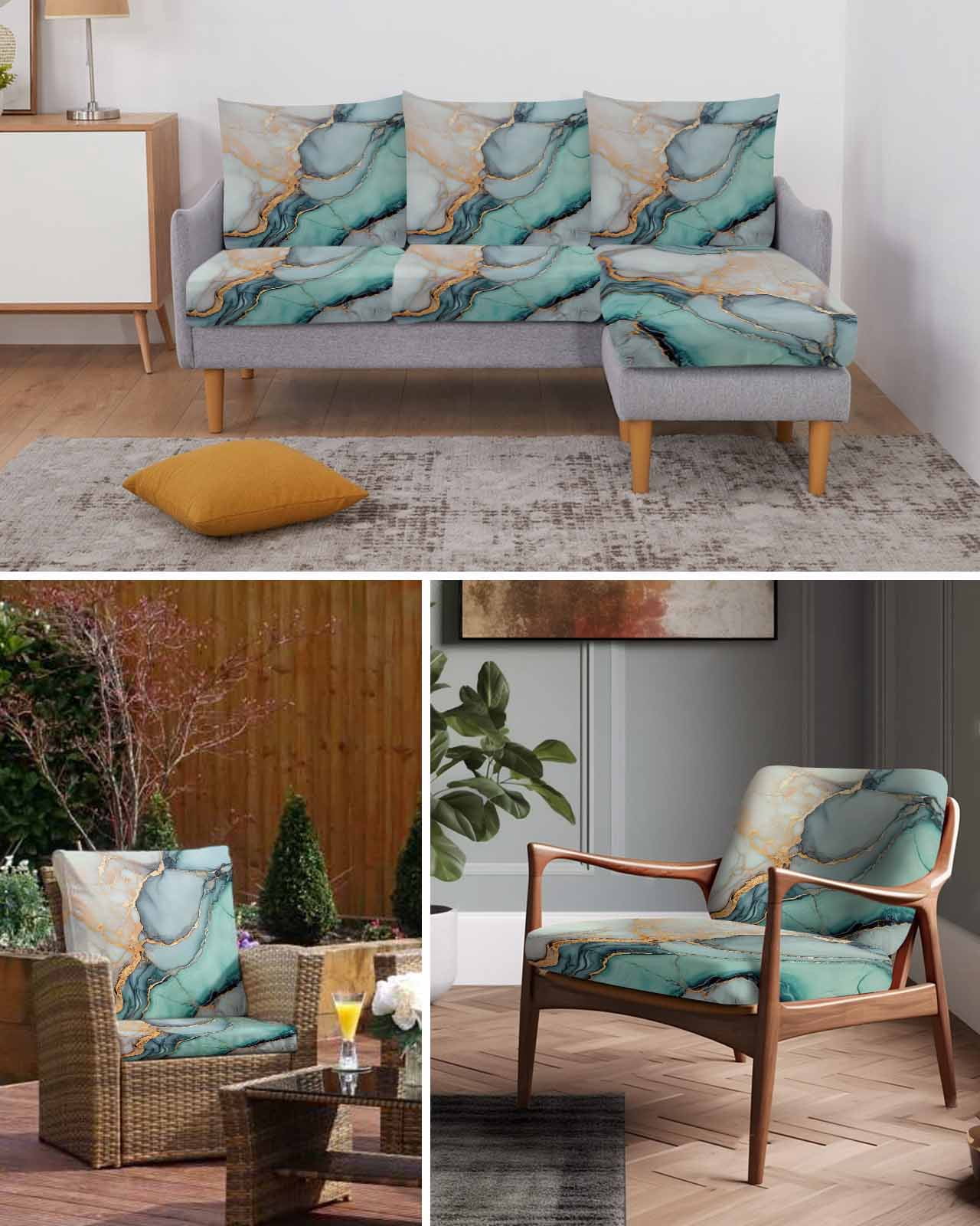 Blue Teal Marble Couch Cushion Covers, Stretch Seat Cushion Covers for Sectional Sofa, Modern Ink Painting Abstract Individual Sofa&nbsp;Slipcovers Furniture Protector with Elastic&Straps Small 1Pcs