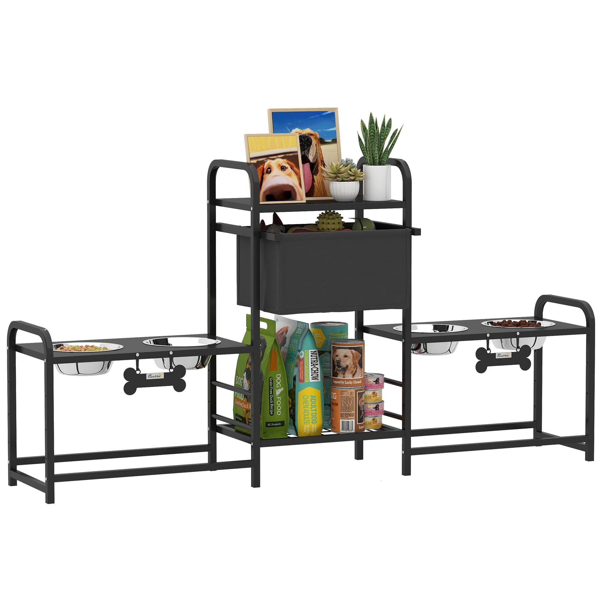 Dog Bowl Stand with 2 Feeding Stations, 3 Height Adjustable Elevated Dog Bowls with Toy Bin Basket, Lifted Food and Water Bowl, Black