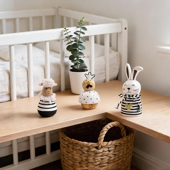 caiydramy Set of 3 Wooden Bunny Chick Lamb Decor, Miniature Cute Black and White Small Animal Figurines, Farmhouse Neutral Indoor Table Tiered Tray Shelf Nursery Room Mantel Desk Home Decorations