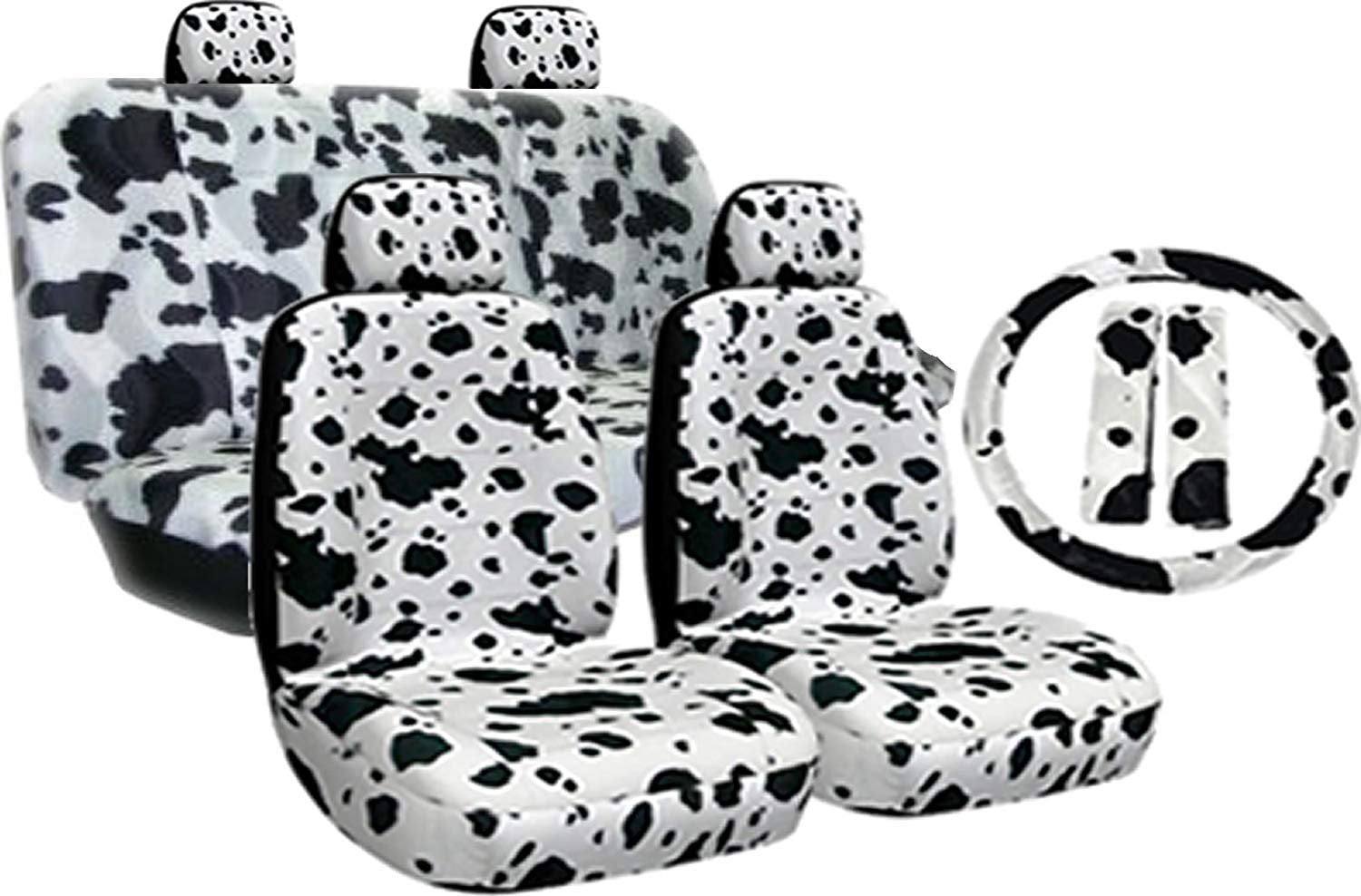 New Premium Grade 11 Pieces Cow Print Low Back Front Car Seat and Rear  Bench Cover with Head Rest Cover Set