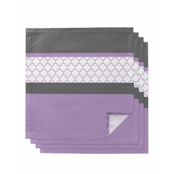 Purple Morocco Cloth Napkins Set of 4 Reusable Dinner Napkins, Boho Stitching Pattern Stripes Grey Cocktail Napkin Washable Table Napkins for Wedding/Holiday Party/Baby Shower 20"x20"