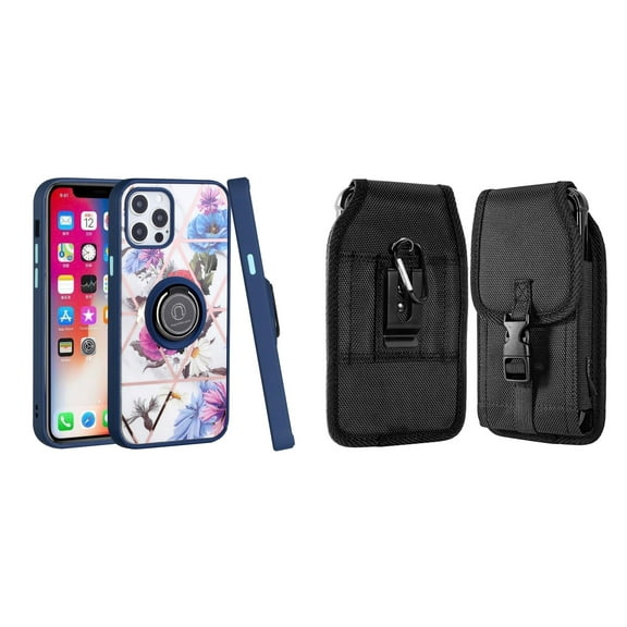 Bemz Ring Series Case for iPhone 14 Pro Max (TPU Silicone Cover with Magnetic Stand) and Vertical Nylon Buckle Belt Holster Pouch - Blue Purple Flowers