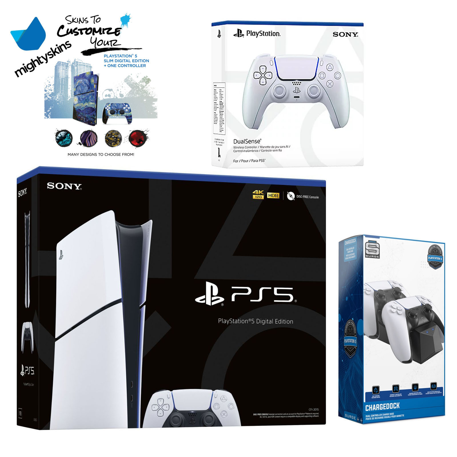 Sony Playstation 5 Slim Digital with Extra Chroma Pearl Controller, Dual Charging Dock and MightySkins Decal Voucher Plus 2 Year CPS Extended Warranty