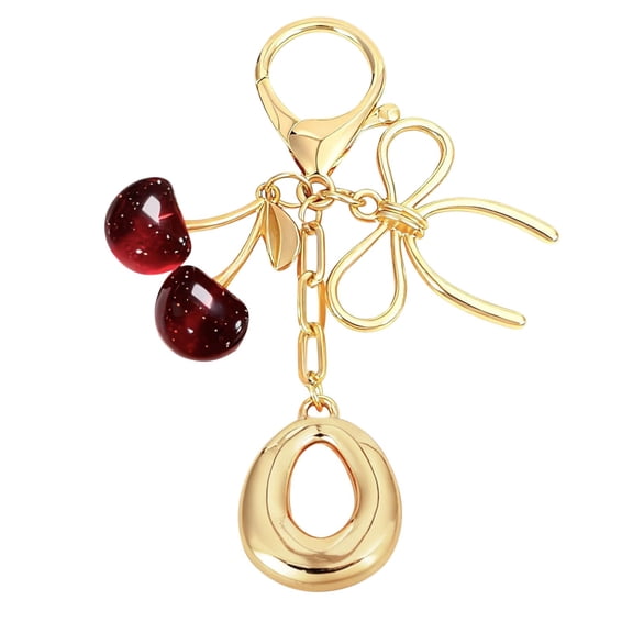 Miommo Bubble Initial Keychain with Bow and Cherry Charm, Gold Plated Personalized Letter Bag Charms for Women, Cute Purse Handbag Accessories