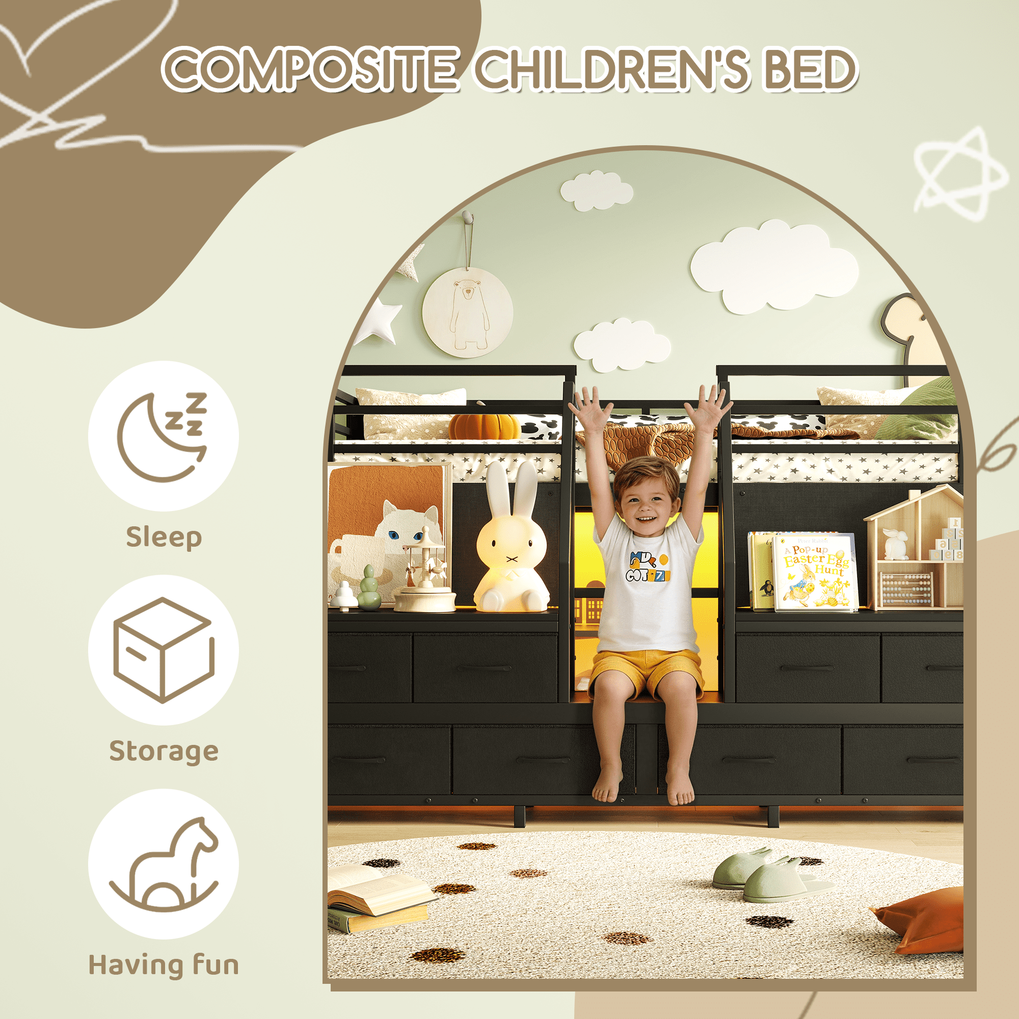 Leumius Twin Size Loft Bed with Multi-storage Spaces,Metal Low Loft Bed with Storage Drawers, Shelves,LED Lights and Independent Spaces Under Bed,No Box Spring Needed,Black