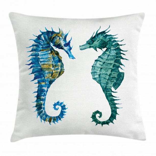 Seahorse Throw Pillow Cushion Cover, Watercolor Inspired Retro Artwork