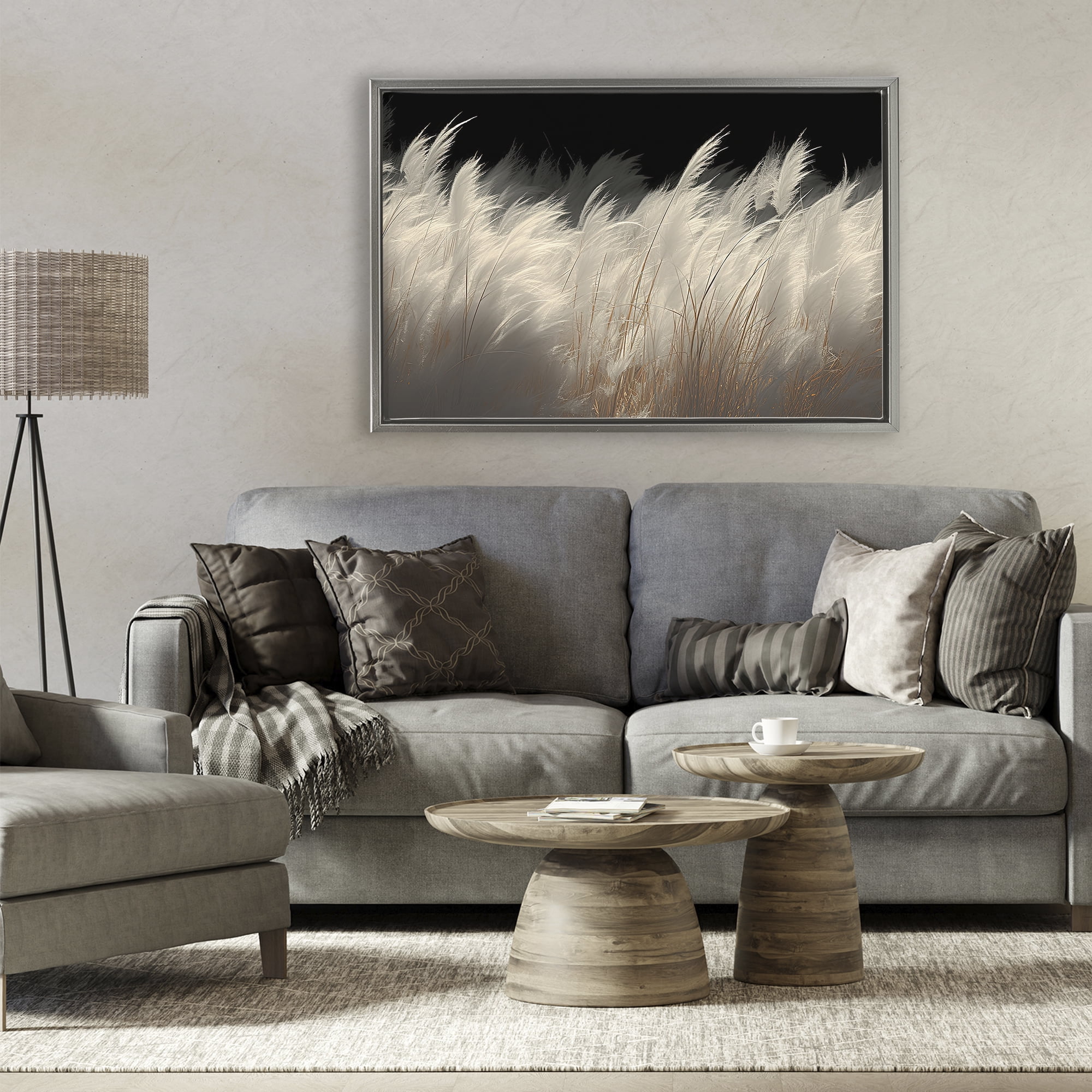 White Feathers Windblown Grasses Gray Framed Floater Canvas Wall Art, design by Decent Exposures
