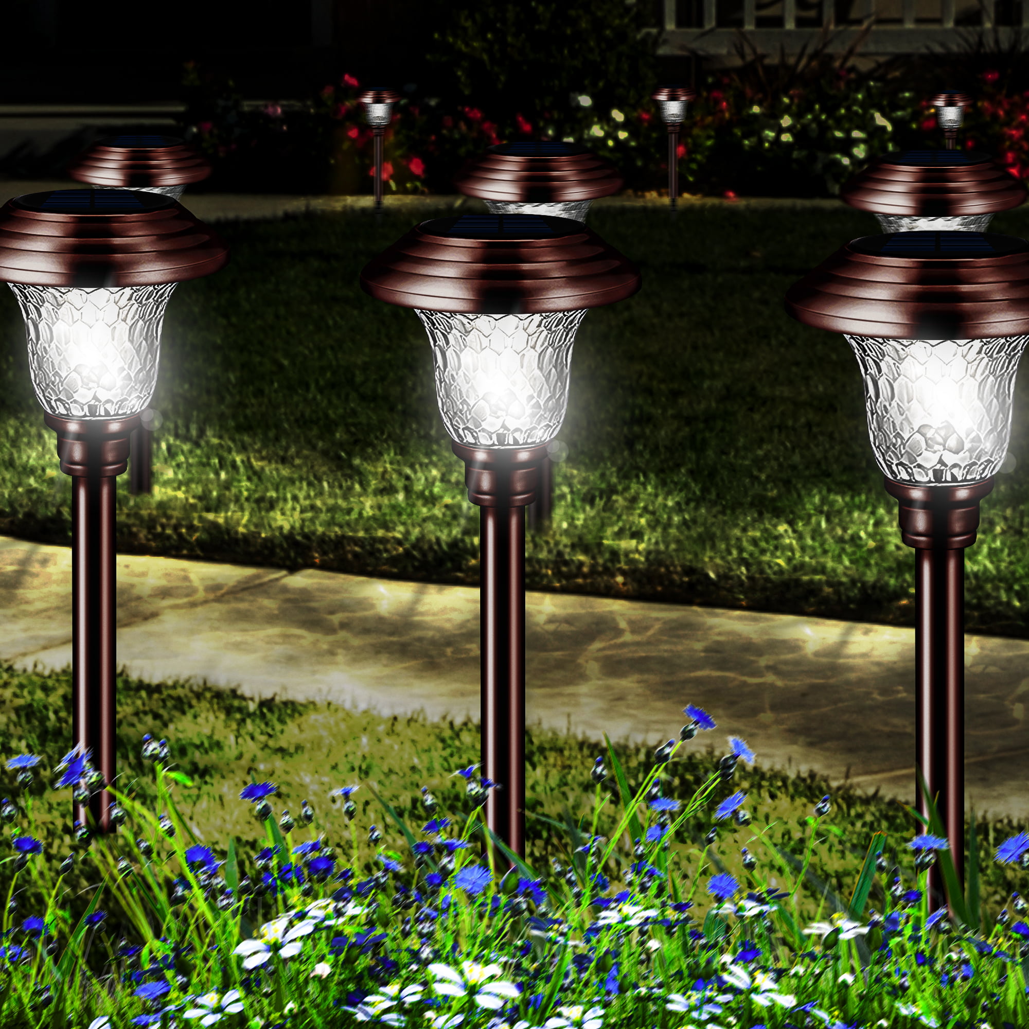BEAU JARDIN 4 Pack Solar Lights Pathway Outdoor Waterproof Supper Bright Up to 12 Hrs Glass Stainless Steel Metal Auto On/Off Solar Powered Landscape LED Lighting for Garden Yard Walkway Stakes