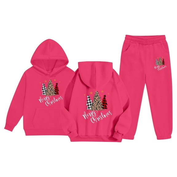 FYEGRE Girls Festive Holiday Print Hooded Sweatshirt Soft Pullover Long Sleeve Top and Pants Outfit Set for Hot Pink 4-5 Years