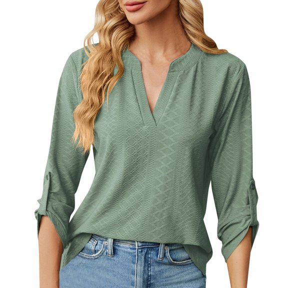 MIXUE Womens Summer Tops Summer Solid Color V Neck 3/4 Sleeve Loose Casual T-shirts Sportwear,Green,XL