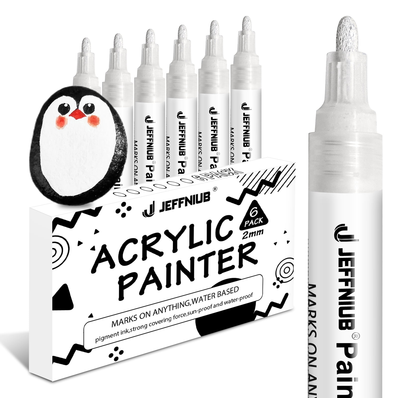 JEFFNIUB Acrylic White Paint Pen for Art Marker , 6 Pcs 23mm Medium