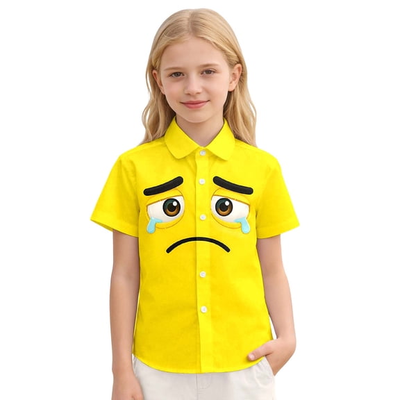WOYY Girls Short Sleeve Shirt Cool Cartoon Expression Print Button Down Shirt, Sizes 3-15