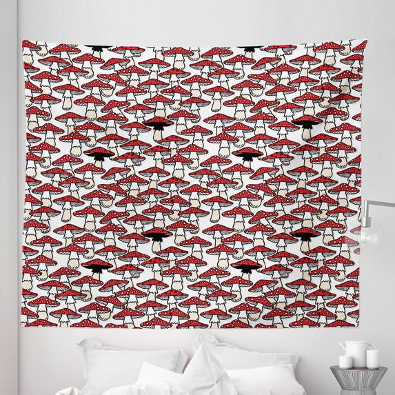 Mushroom Tapestry, Toadstool Mushrooms October Seasonal Growth Nature Forest Pattern Cartoon, Fabric Wall Hanging Decor for Bedroom Living Room Dorm, 5 Sizes, Black White Red, by Ambesonne